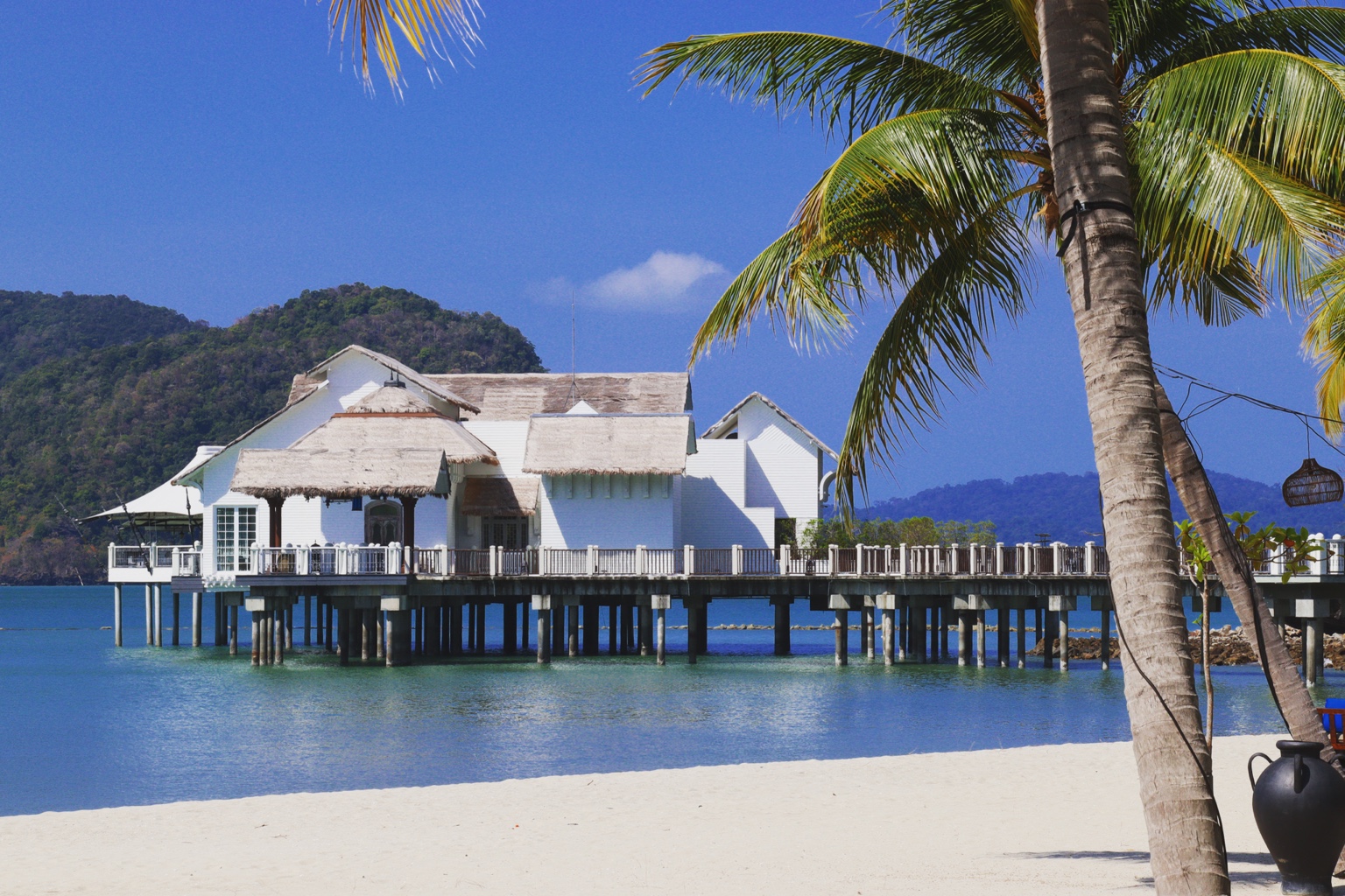 A white waterfront building and jetty across a calm bay, with palms in the foreground