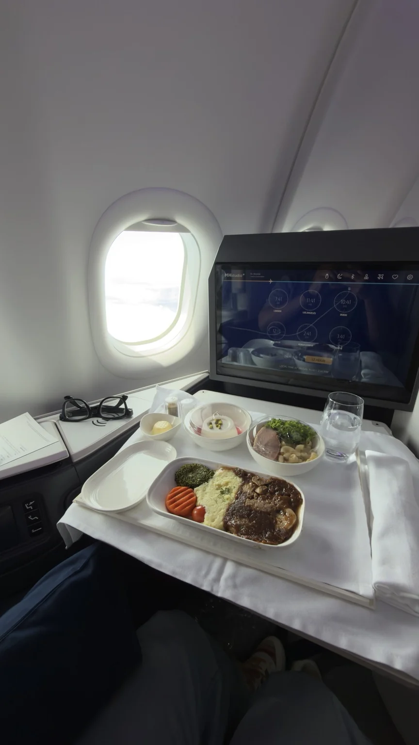An onboard meal at a Malaysia Airlines Business Class seat.