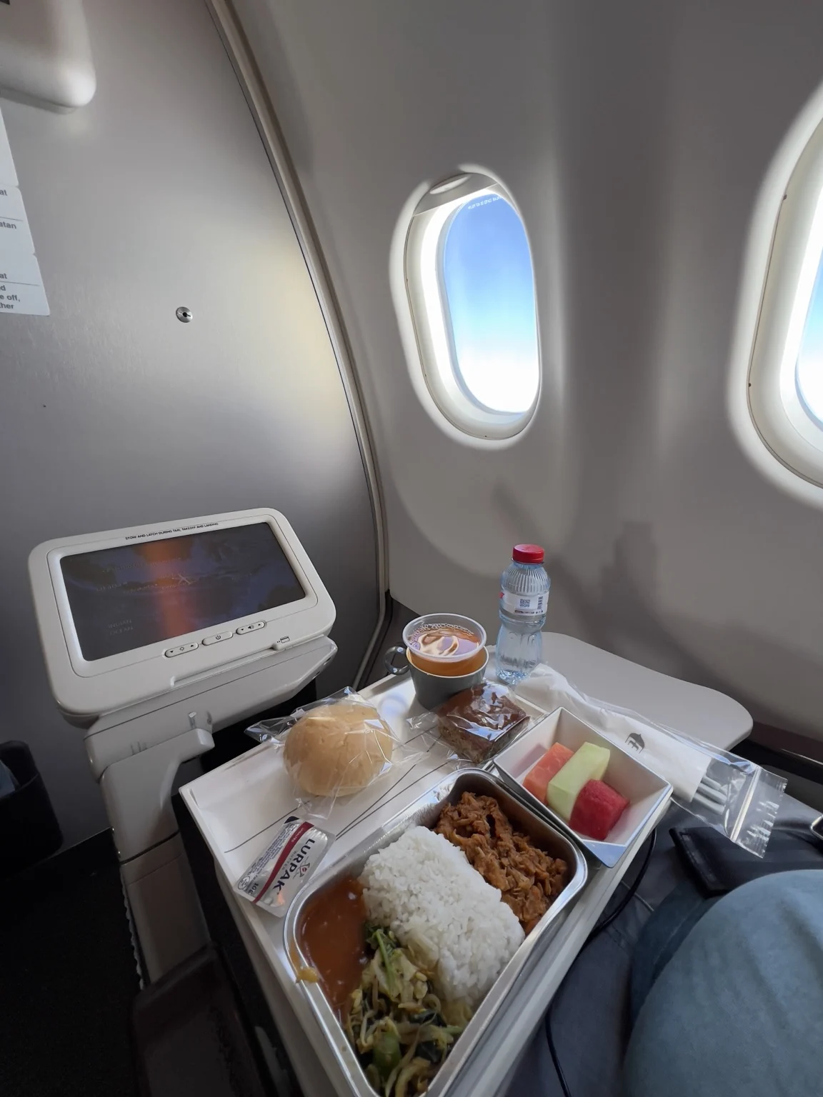 An onboard meal served beside the aircraft window.